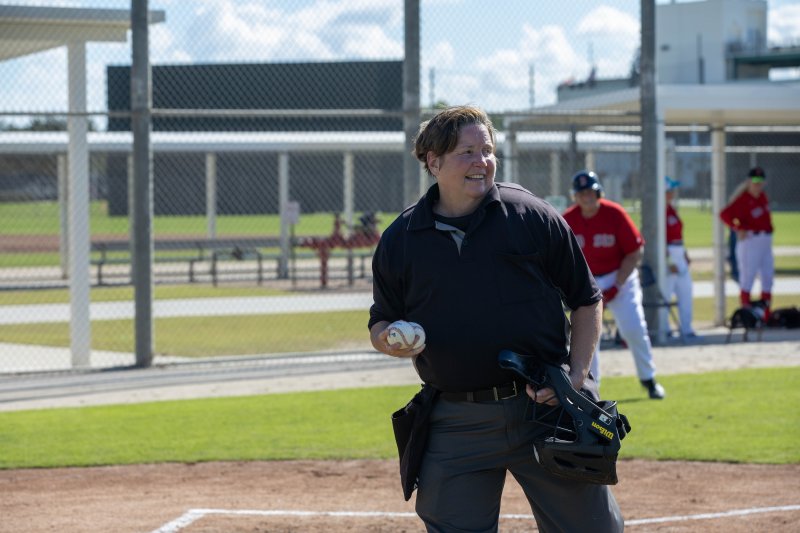 Veronica “Ronnie” Geyer begins to throw a ball back to a player during the Red Sox Women’s Fantasy Camp held in Fort Myers, Fla. Jan. 6-11. SUBMITTED PHOTOS